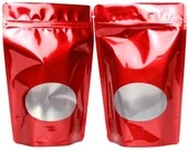 5.75" x 9" x 3.5" Red/Red Stand Up Pouch with Oval Window