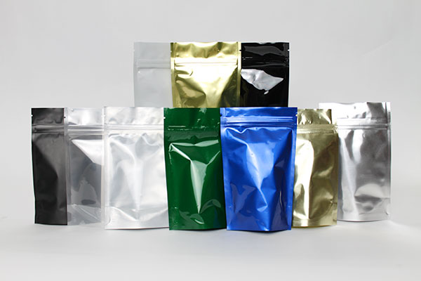 stand up pouches in green, blue, clear and other.